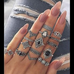 Silver boho flower black stone/ cubic zirconia  15 piece stackable ring set